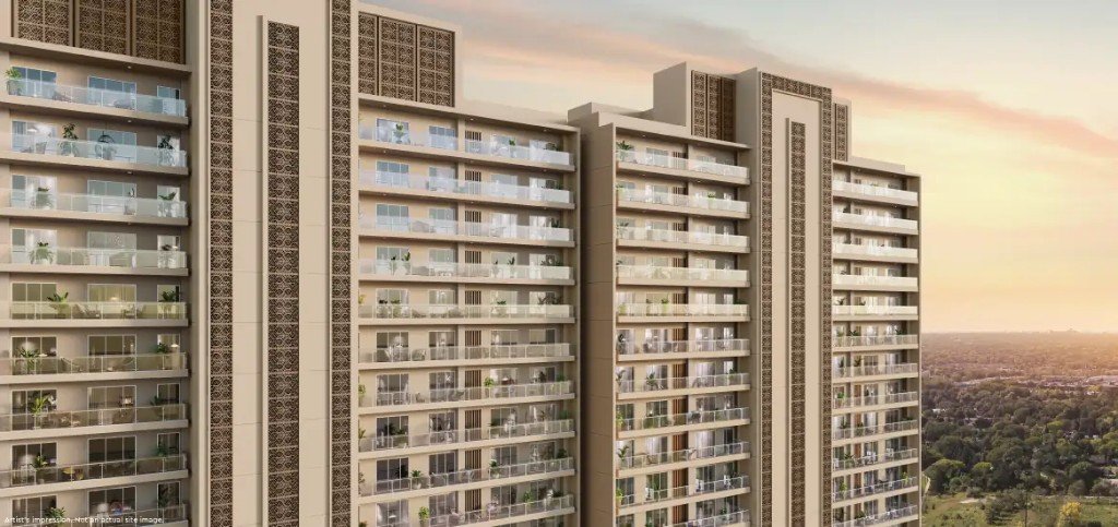 Godrej Majesty façade at dusk